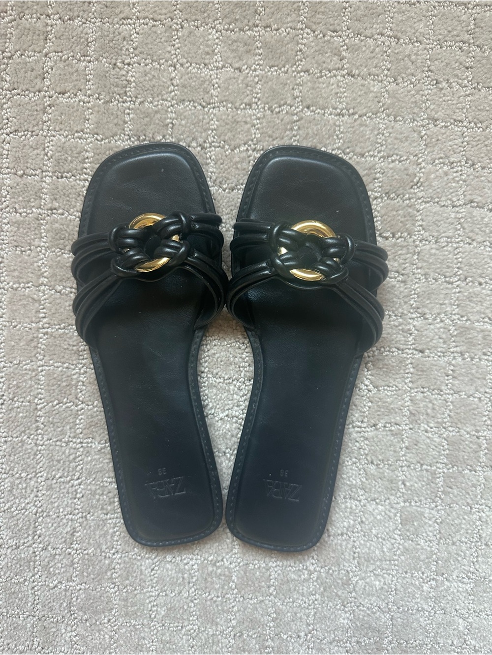 Zara Black Slide Sandals with Gold Ring Detail 7.5